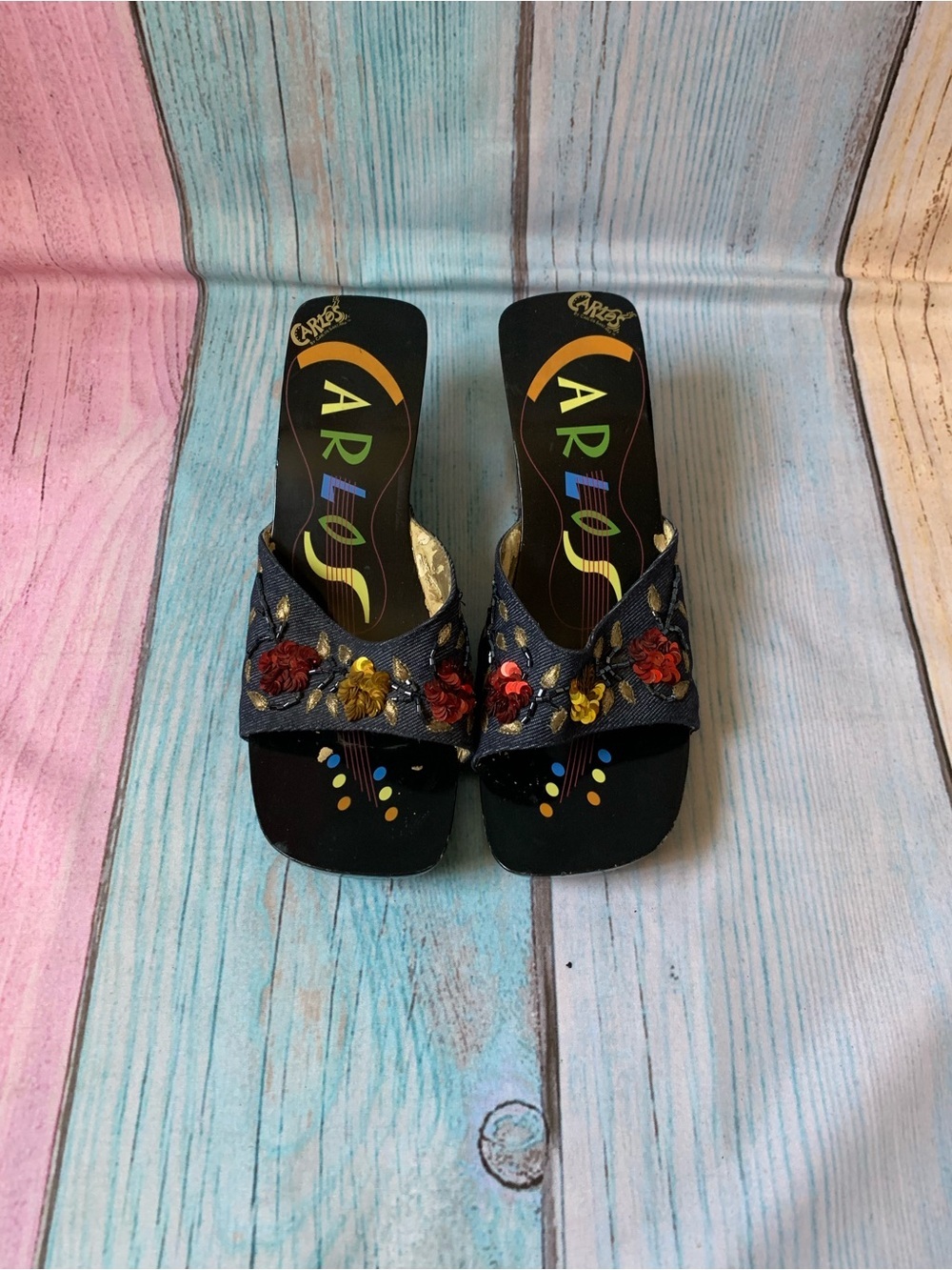 Carlos by Carlos Santana Black Embroidered Floral Slide Mules